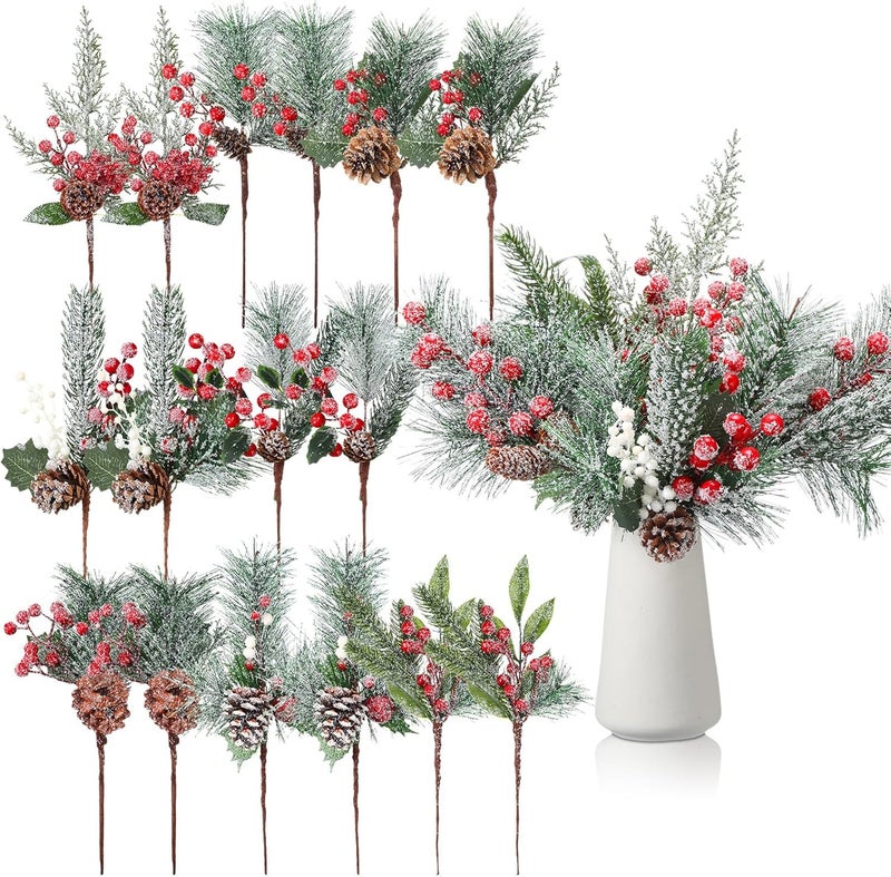 Solsew 16 Pcs Christmas Pine Cones Picks Artificial Berries Sprays Branches Faux Greenery Floral Stems Snowy Holly Pine Needles for Xmas Tree Wreath Garland Craft Decor(Stylish Snowy Style) - Image 1
